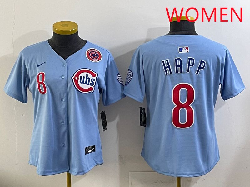 Women 2025 Chicago Cubs 8 Happ Light Blue Throwback Game Nike MLB Jersey style 3